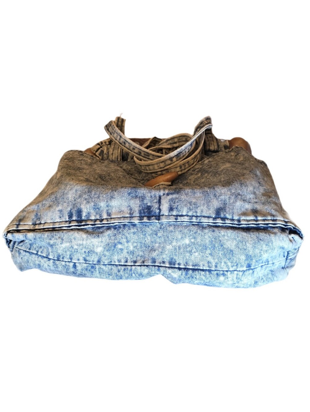 VTG 1980s Acid Wash Denim Shoulder Bag Drawstring Wood Bead Boho Slouchy Tote - Picture 7 of 15